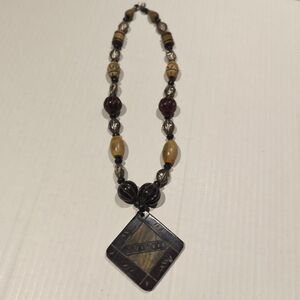 Vintage Carved Wooden Beaded Necklace Pendant Boho Tribal Ethnic Earthy